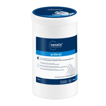 Behälter von Navalis Arthral, einem Gelenkunterstützungssupplement für Pferde, mit mehrsprachigem Text, der seinen Zweck und seine Anwendung beschreibt.