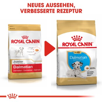 Vergleich von Royal Canin Hundefutter: Junior Dalmatiner links, Puppy Dalmatiner rechts, zeigt neues Design und Rezept.