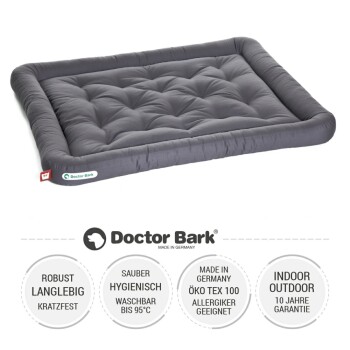 Graues Haustierbett mit gestepptem Design, beschriftet mit "Doctor Bark", mit Ansprüchen auf Haltbarkeit, Hygiene und Waschbarkeit bis zu 95°C.