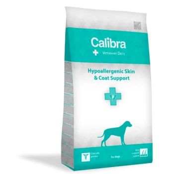 Calibra Veterinary Diets Tasche mit "Hypoallergenem Haut- und Fellschutz" für Hunde, mit einem veterinärmedizinischen Symbol und dem Text "Klinisch bewiesen."