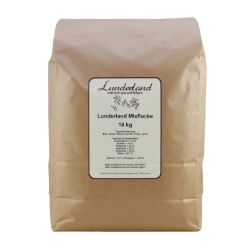 Braune Papiertüte mit der Aufschrift "Lunderland Mixflocke," die 10 kg Haustierfutter enthält, mit Zutaten- und Nährwertinformationen.