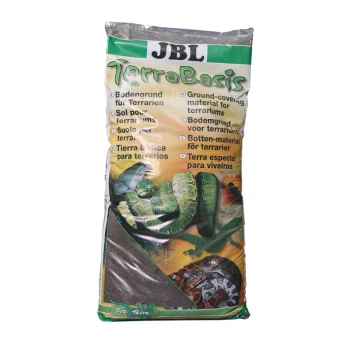 Terra Basis 20 l JBL TerraBasis Terrariensubstratbeutel mit Bildern von Reptilien und Amphibien, mit mehrsprachigem Text über seine Verwendung als Bodenabdeckungsmaterial.