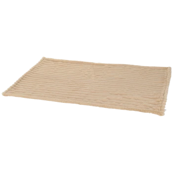 Beige, rechteckige plüschige Kunstfell-Haustiermatte mit geripptem Muster und umgeschlagenen Kanten auf transparentem Hintergrund.