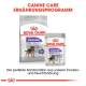 Royal Canin Hundefutterverpackung mit "Sterilisierten" Produkten für Mini- und alle Größen, die eine ideale Gewichtserhaltung fördert.