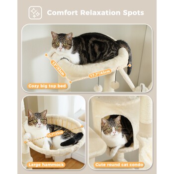 Bild eines Katzenbaums mit drei Entspannungsplätzen: einem gemütlichen oberen Bett (17,7"/45cm), einer großen Hängematte (13,7"/35cm) und einem runden Katzenhaus.