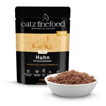 Catz Finefood Pure Huhn Katzenfutter mit Nachtkerzenöl, getreidefrei, natürliches Beutefutter-Konzept, 85 g Beutel mit Schale Nassfutter.