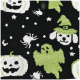 Black pet sweater fabric with green ghost, white jack-o'-lanterns, spiders, stars and a dog in a witch hat pattern.