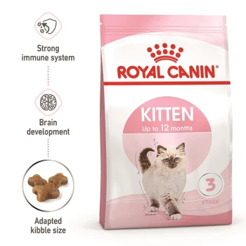 Royal Canin Kitten food bag for kittens up to 12 months, with a fluffy kitten illustration and claims for immune and brain support.