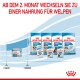 Bild von Royal Canin Welpenfutter, das 'Starter' für 1 Monat und 'Welpen' Formeln für 2 Monate zeigt, mit einer roten Überschrift über den Futterwechsel.