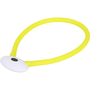 Ein leuchtend gelber Silikon-Haustierhalsband mit einer weißen runden Lichtfunktion und einem schwarzen Einschaltknopf.