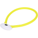 Ein leuchtend gelber Silikon-Haustierhalsband mit einer weißen runden Lichtfunktion und einem schwarzen Einschaltknopf.