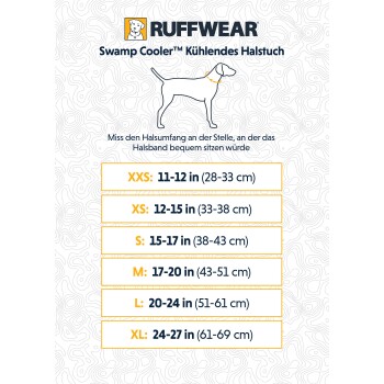 Ruffwear Swamp Cooler™ Kühlhalstuch-Größentabelle, mit einer Hundesilhouette und Größenmessungen von XXS bis XL in Zoll und Zentimetern.
