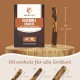 Olivenholz-Kauspielzeug für Hunde, Größe M (23-26 cm), geeignet für Hunde mit einem Gewicht von 15-25 kg. Die Verpackung enthält Produktdetails und Größen.