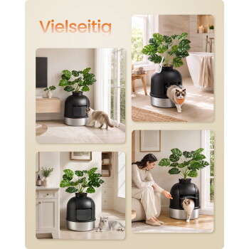 Modulares schwarzes Kuppel-Katzenklo mit Pflanzaufsatz, Katzen und Besitzer im Raum; sichtbarer Text: Vielseitig.