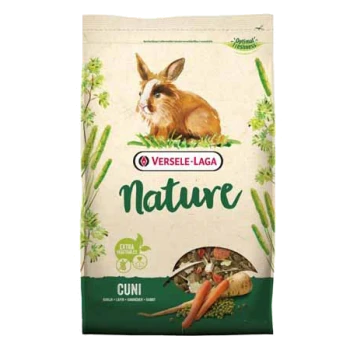 Eine Tüte Versele-Laga Nature Cuni Kaninchenfutter mit einer Illustration eines braunen Kaninchens, mit Text, der "Extra Frische" und "Cuni" hervorhebt.
