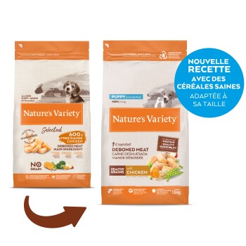 Deux sacs de nourriture pour chiots Nature's Variety, recette au poulet désossé ; le cercle bleu indique «Nouvelle recette, céréales saines».
