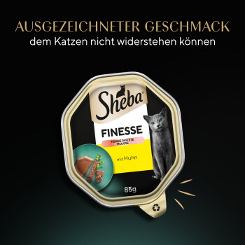 Sheba Finesse Katzenfutter 85 g Schale mit Katzendarstellung und den Texten "mit Huhn" und "AUSGEZEICHNETER GESCHMACK".