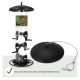 Vogelfutterspender mit klarem Rohr, schwarzen Akzenten, vier Öffnungen und einem Aufhängemechanismus. Text: "Futtersäule für Gartenvögel" und "INKLUSIVE PRAKTISCHER AUFHÄNGEVORRICHTUNG."