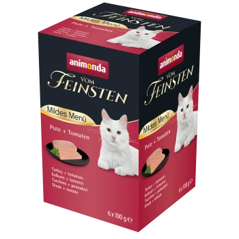 Opakowanie karmy dla kotów z białym kotem, oznaczone "animonda vom Feinsten Mildes Menü Pute + Tomaten", z indykiem i pomidorami.