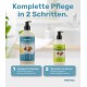 Zwei Haustierpflegeprodukte auf hellem Hintergrund: "Sensitives Shampoo mit Aloe Vera" und "Sensitiver Conditioner mit Avocado."