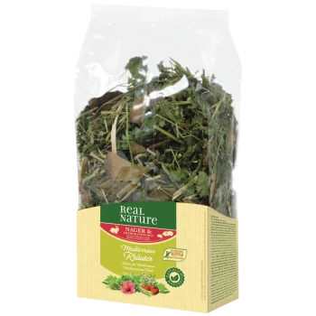 Sac transparent d'herbes méditerranéennes séchées pour petits animaux, étiquette indiquant «Real Nature» et «Mediterrane Kräuter».