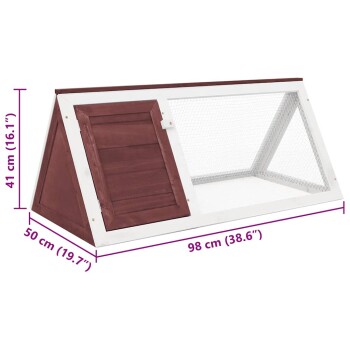 Holz-Haustiergehege mit einem schrägen Dach, Abmessungen 41 cm Höhe, 50 cm Breite, 98 cm Länge, mit einer Netzseite zur Belüftung.