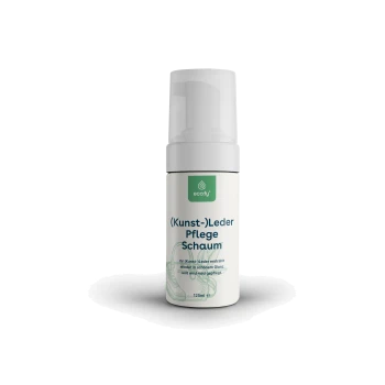 Flasche mit ecofy Kunst-Leder Pflege Schaum, einem 125ml Schaumreiniger für Kunstleder, mit Text, der Glanz und Pflege bewirbt.