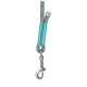 Close-up of a gray and teal braided dog leash with a silver metal clasp and teal thread wrapping.