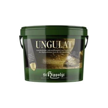 Grüner Eimer mit der Aufschrift "UNGULAT" von St. Hippolyt, der das Hufwachstum und die Qualität fördert, mit ernährungsphysiologischen Angaben und Zutaten.