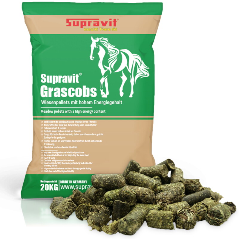 Supravit Grascobs für Pferde 20kg | natürliche Graspellets als Heuersatz | Wiesencobs für Pferde mit hohem Energiegehalt | Pferdefutter Heucobs aus...