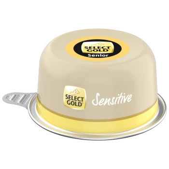 Select Gold Senior Sensitive Nassfutterbehälter mit beige-gelber Verpackung und sichtbarem Text.