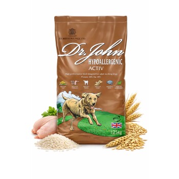 Braune Tüte Dr. John Hypoallergenic Activ Hundefutter, mit einer Illustration eines rennenden Hundes, mit 30% Protein und 20% Fett.