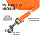 Orangefarbene Hundeleine mit strukturiertem Griff, ausgestattet mit einem 360° Metallclip und wasserdichter PVC-Beschichtung. Der Text hebt die wichtigsten Merkmale hervor.
