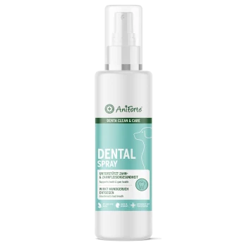 Zahnpflegesprayflasche für Haustiere, beschriftet mit "AniForte Denta Clean & Care", unterstützt die Zahn- und Zahnfleischgesundheit, wirkt gegen schlechten Atem.