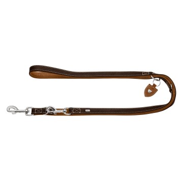 Braune Leder-Hundeleine mit weißen Nähten und einem silbernen Verschluss, mit einem kleinen braunen Anhänger.