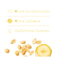 Gelber Hintergrund mit deutschem Text „Ohne Zuckerzusatz“, „Laktosefrei“ und „Natürliche Zutaten“, darunter Erdnüsse und eine Bananenscheibe.