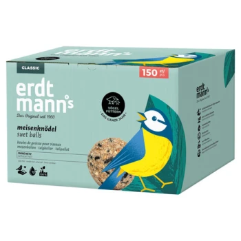 Schachtel mit Erdtmanns Classic Meisenknödeln aus Fett für Vögel, 150 Stück, mit blau-gelber Vogelillustration.