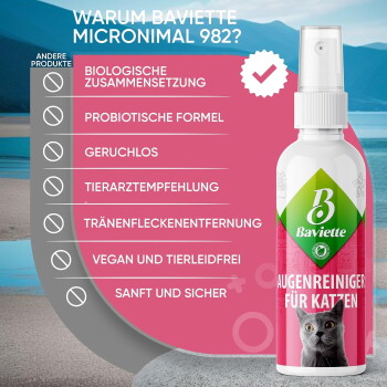 Flasche von Baviette 'Augenreiniger für Katzen', rosa Etikett mit Katzenfoto und einer deutschen Merkmalliste mit der Überschrift 'Warum Baviette Micronimal 982?'