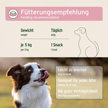 Leckerli-Etikett 'Fütterungsempfehlung' pro 5 kg = 1 Snack; Hund leckt sich die Lefzen; 'Leicht zu brechen, für alle Altersstufen geeignet'