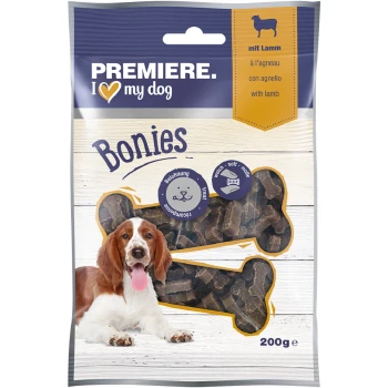Bonies 200 g Agneau Friandises pour chiens Premiere I Love My Dog Bonies avec de l'agneau, paquet de 200 g, avec des snacks en forme d'os doux et un graphique de chien ludique.