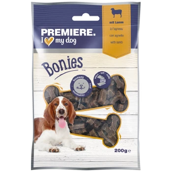 Premiere I Love My Dog Bonies Hundeleckerlis mit Lamm, 200g Packung, mit weichen, knochenförmigen Snacks und einer verspielten Hundegrafik.