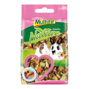MultiFit Nature Snacks Verpackung mit einem herzförmigen Fenster, das buntes Haustierfutter und Bilder von einem Meerschweinchen, Kaninchen und Hamster zeigt.