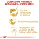 Image promouvant une nutrition sur mesure pour les chiens, présentant des avantages : soutien des articulations et des os, tonicité musculaire, et réduction du volume et de l'odeur des selles.