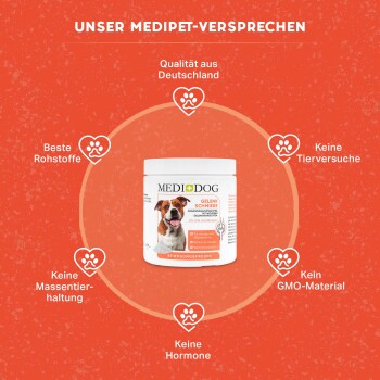 MediDog Gelenk Schmiere Glas mit einem Hundebild und Ansprüchen: "Qualität aus Deutschland", "Beste Rohstoffe", "Keine Tierversuche" und mehr.
