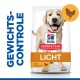 Hill's Science Plan Light hondenvoer zak met een lachende Labrador, met de labels 'Gewichts-Kontrolle' en 'met Kip'.