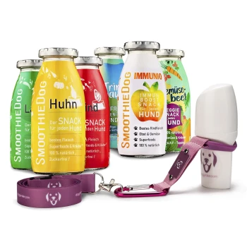 Bunte "SmoothieDog" Snackflaschen in verschiedenen Geschmacksrichtungen, eine lila Hundeleine und ein kleiner Behälter.