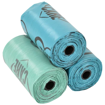 Trois rouleaux de sacs à déchets pour animaux de compagnie en bleu et vert, avec les mots "CART" et "GRAB" imprimés dessus.