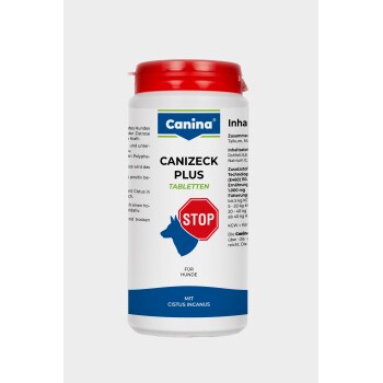 Canina Canizeck Plus Tabletten für Hunde mit rotem Deckel und blauer Etikett, das ein Stoppschild und eine Hundesilhouette zeigt, mit Zutaten und Anweisungen.