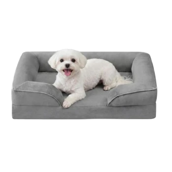 Kleiner weißer Malteser-ähnlicher Hund liegt in einem grauen, gepolsterten rechteckigen Haustierbett, blickt in die Kamera, mit herausgestreckter Zunge und fröhlichem Ausdruck.
