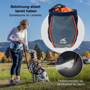 Rote Tasche für Tierzubehör mit blauem Innenraum, aus strapazierfähigem Hex-Gewebe, mit einer breiten Öffnung für einfachen Zugang und einem Karabinerclip.